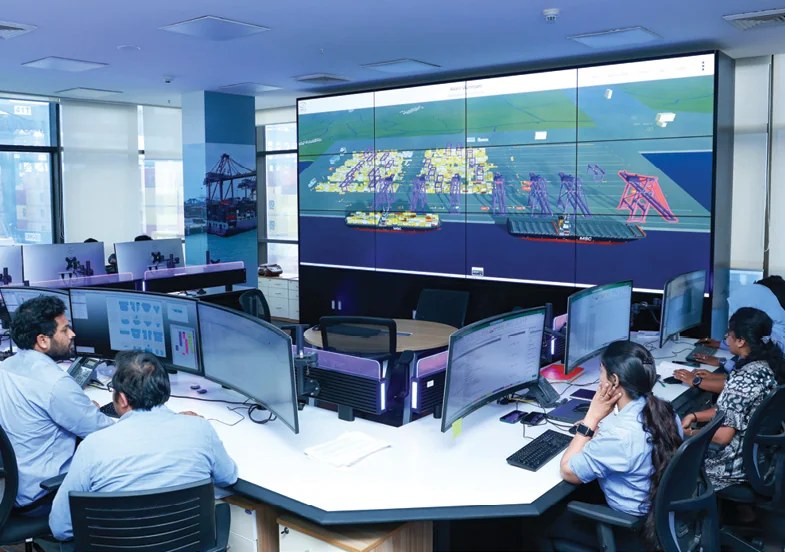 APSEZ command centre with operators monitoring a port-terminal visualisation on a large video wall