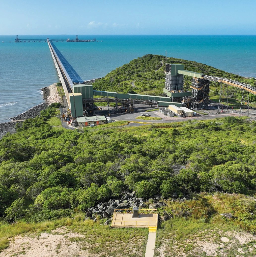 Aerial view of the APSEZ North Queensland Export Terminal conveyor and jetty