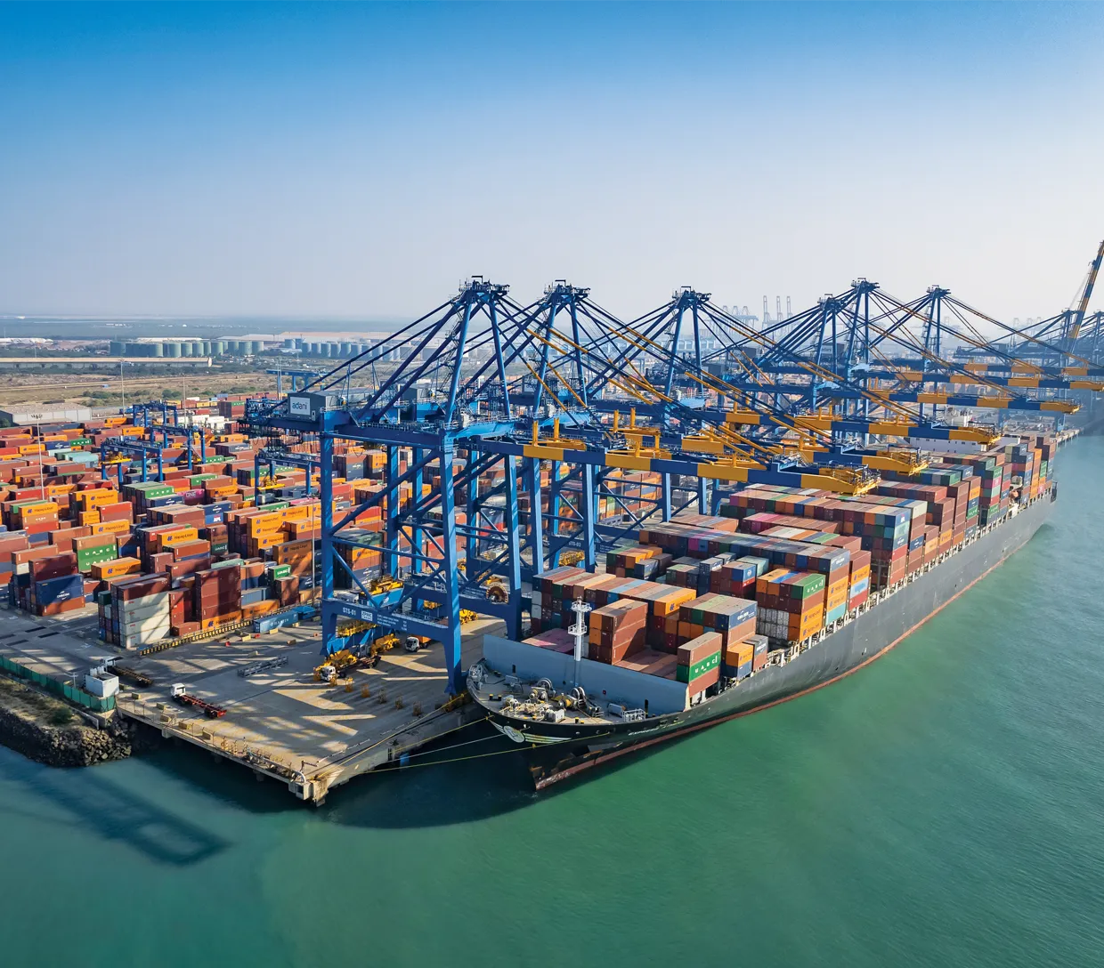 Aerial view of an APSEZ container port and terminal